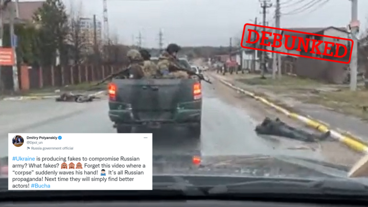 These images do not show a staging of "fake bodies" in the town of Bucha near Kyiv, Ukraine.